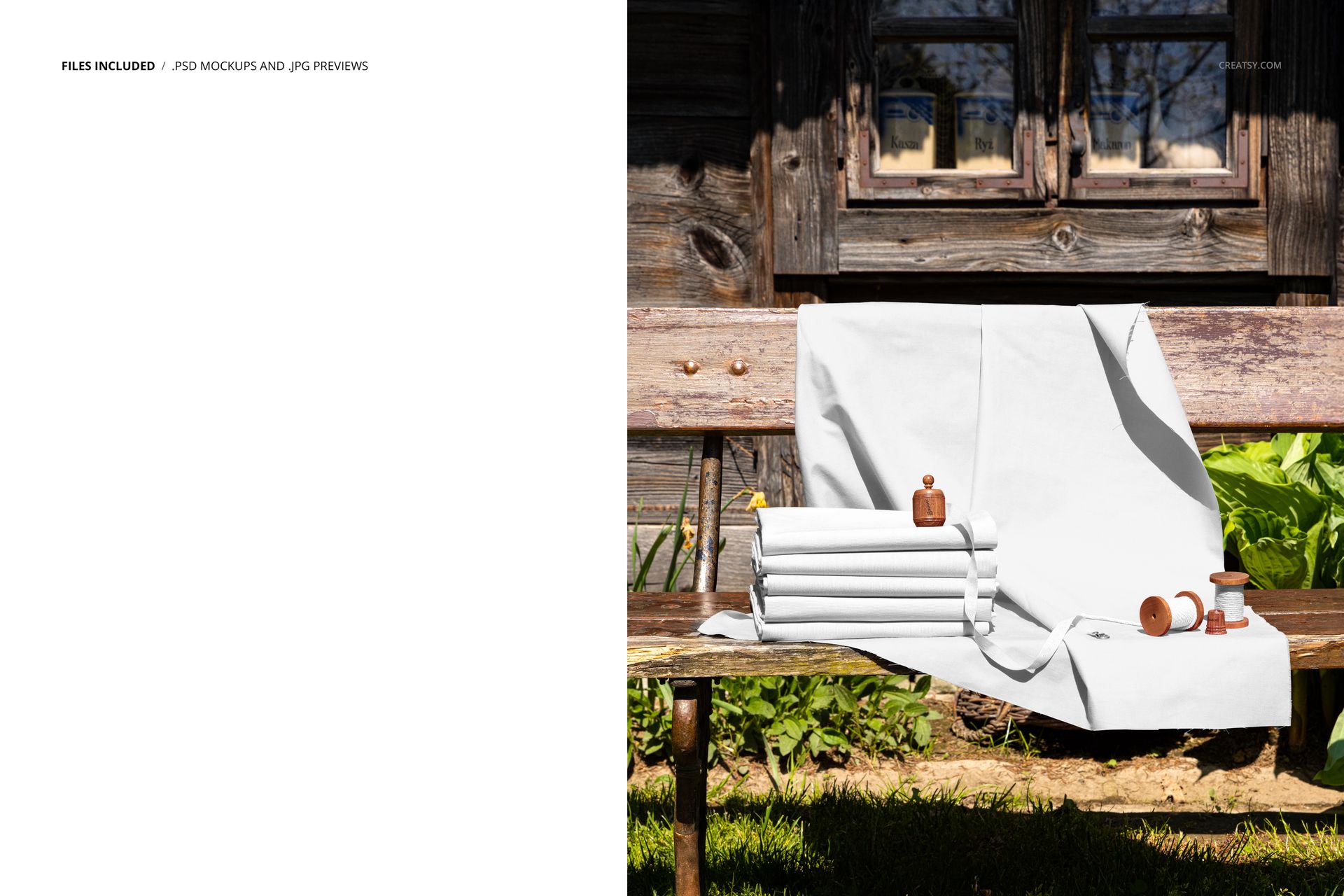 Fabrics on Rustic Farmhouse Bench Mockup - mockup screenshot 2