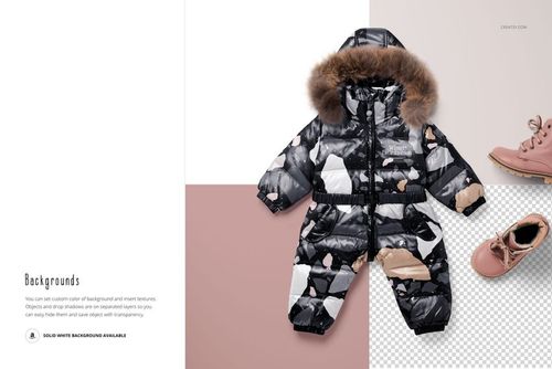 Baby snow suit mockup with fluffy fur trim, shown flat with abstract black and beige design, next to pink baby shoes.