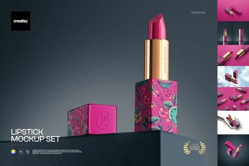PSD mockup featuring a vibrant pink lipstick in a decorative floral case, displayed with matching closed cap.