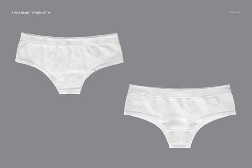 Top view of a women's briefs mockup set showing two white briefs on a gray surface, ready for design customization.