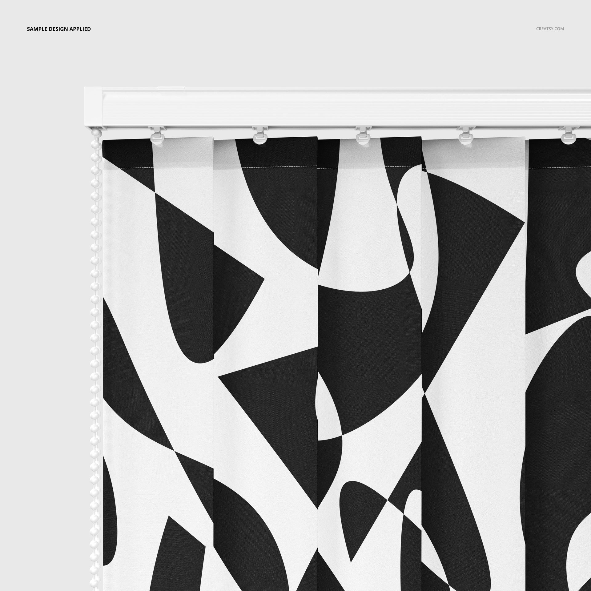PSD mockup of vertical blinds with a striking monochrome abstract pattern, viewed from the front with detailed hardware.