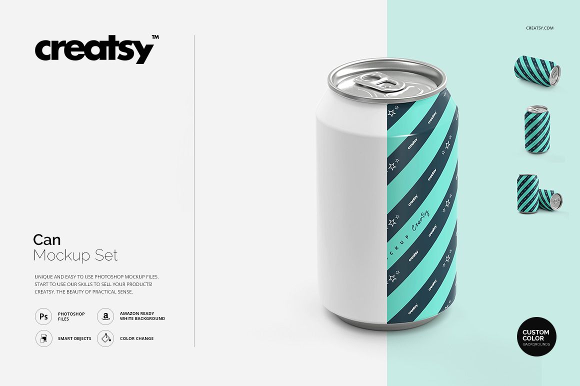Front view of a drink can with a teal and black diagonal stripe pattern, shown on a white background with mockup set details.