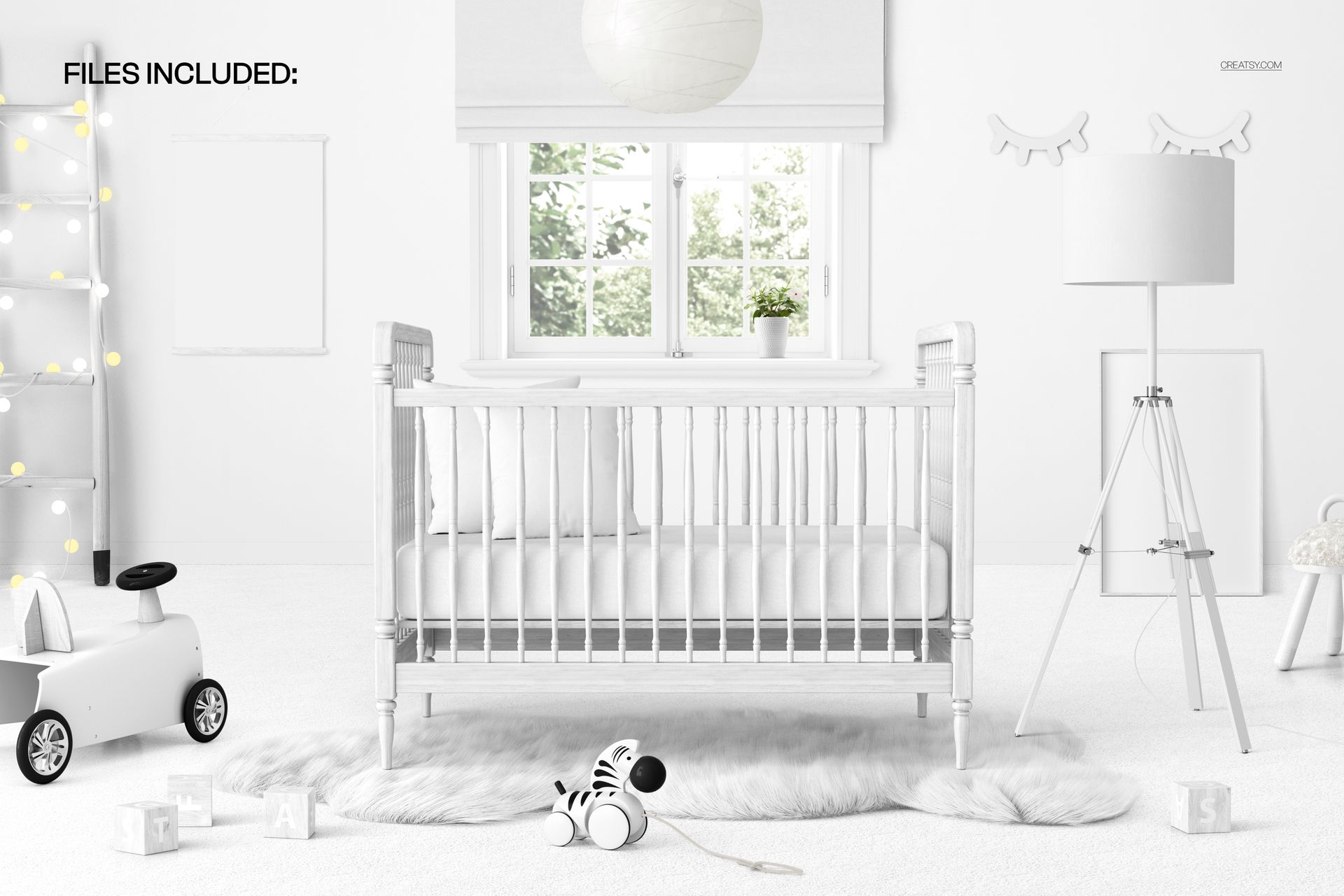 Vintage wooden crib mockup with white bedding, plush rug, and playful nursery props in a light-filled kids room.