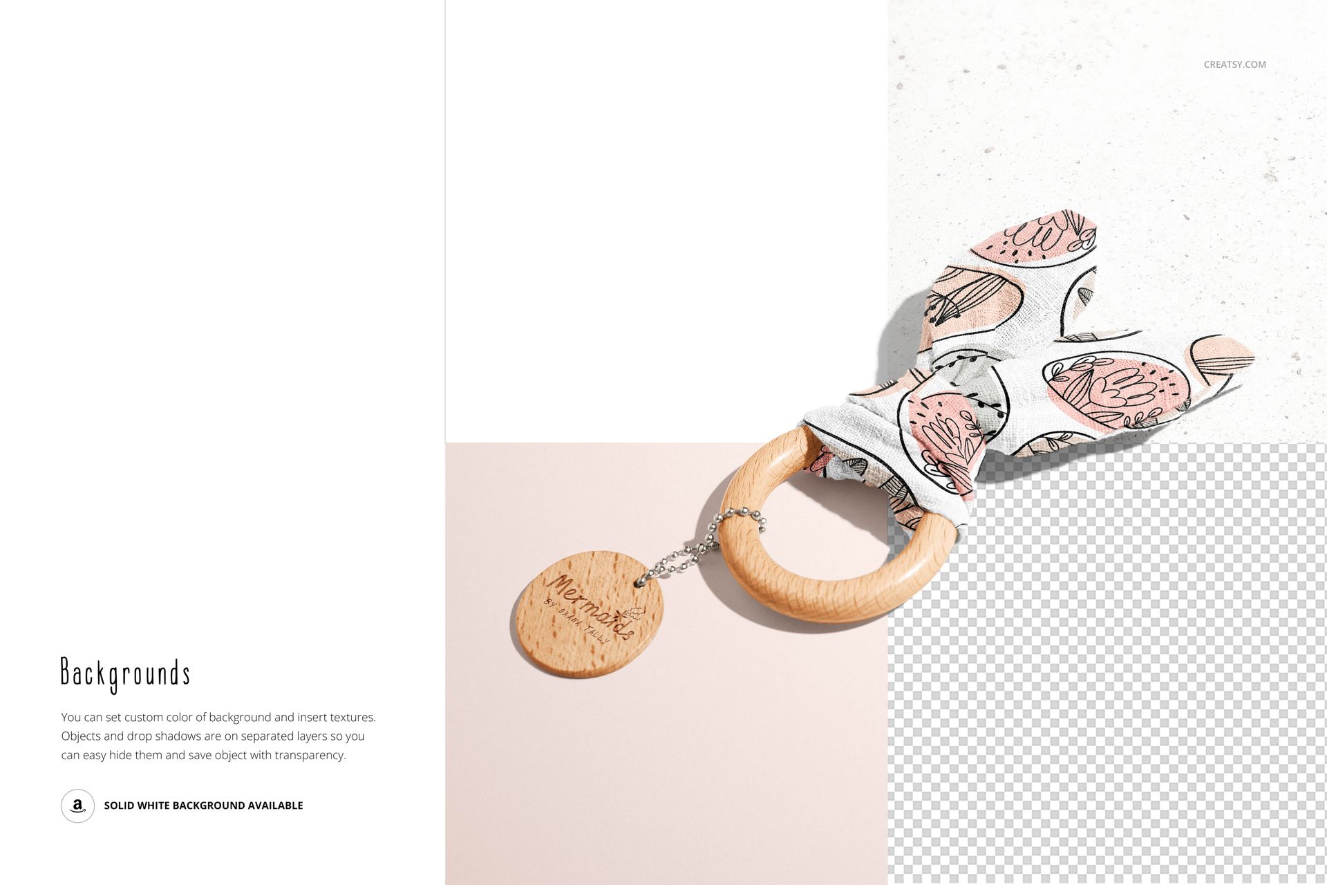 Mockup of a wooden baby teether featuring a circular ring and patterned fabric ears, shown from a top view.