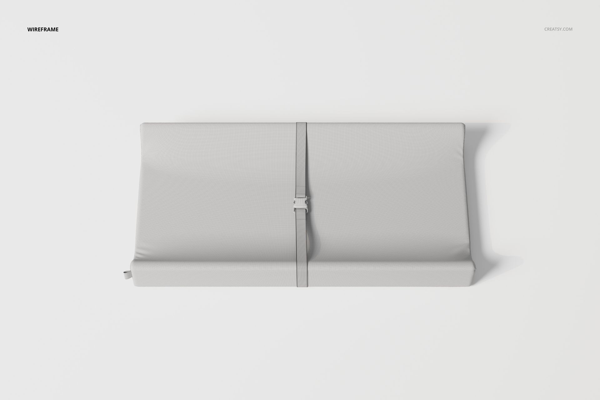 Contoured changing pad in light gray color, shown from a top view with a central safety strap on a white background.