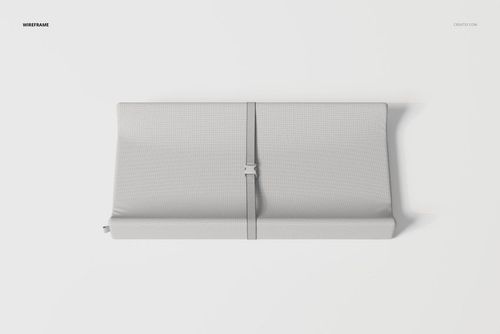 Contoured changing pad in light gray color, shown from a top view with a central safety strap on a white background.