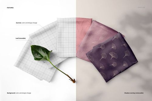 Five folded silk scarves arranged side by side, featuring soft pink, purple, and white tones, top view mockup.