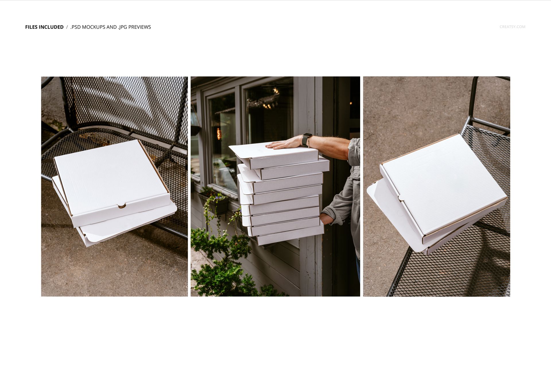 Pizza box mockup set featuring blank white boxes in different outdoor settings, including on a chair and being carried.