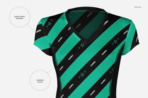 PSD mockup of a women's running jersey featuring bold green and black stripes, close-up on the chest and sleeves.