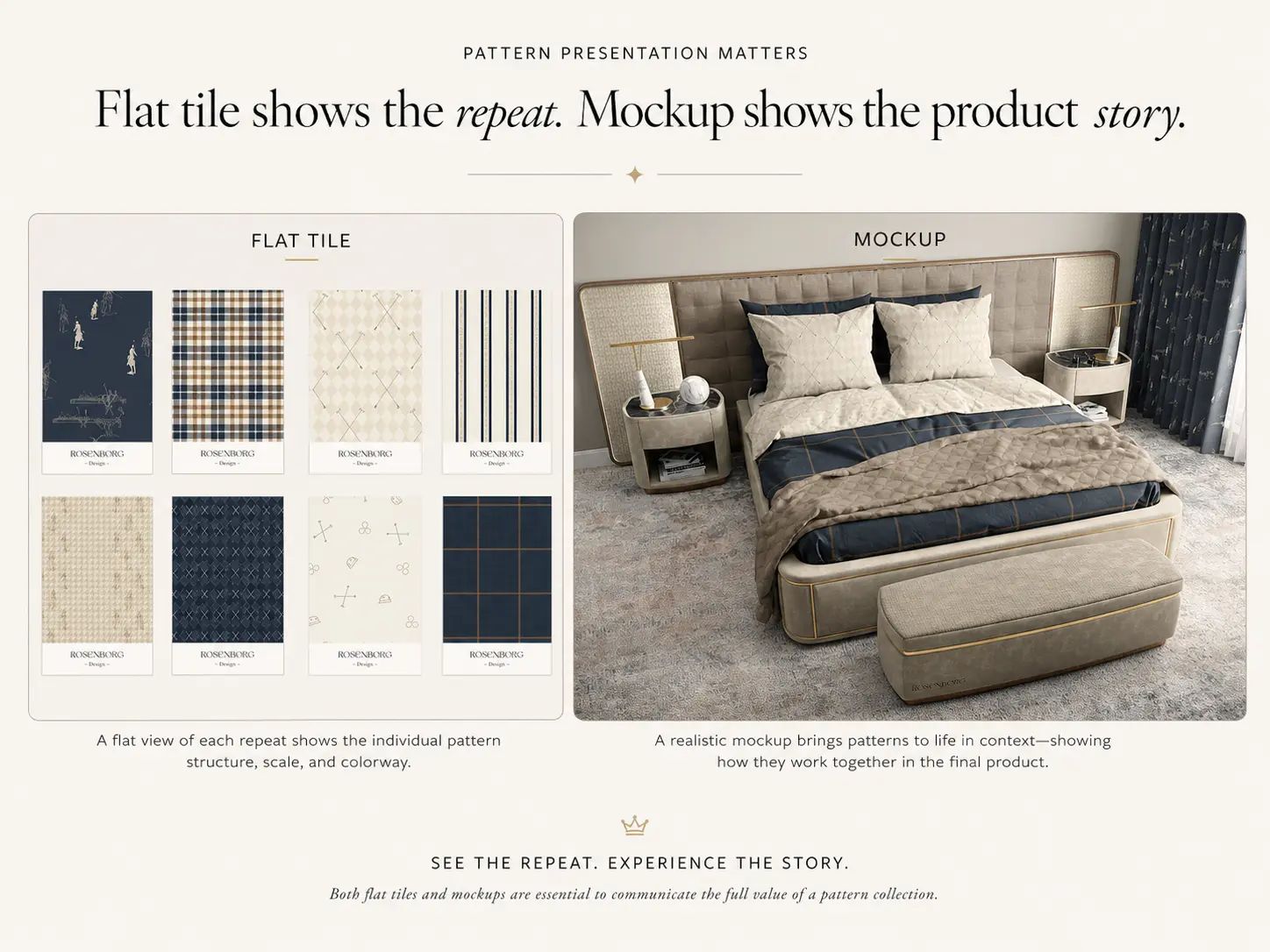 Side-by-side of eight flat pattern repeat tiles next to the same patterns styled on a luxury bedroom mockup