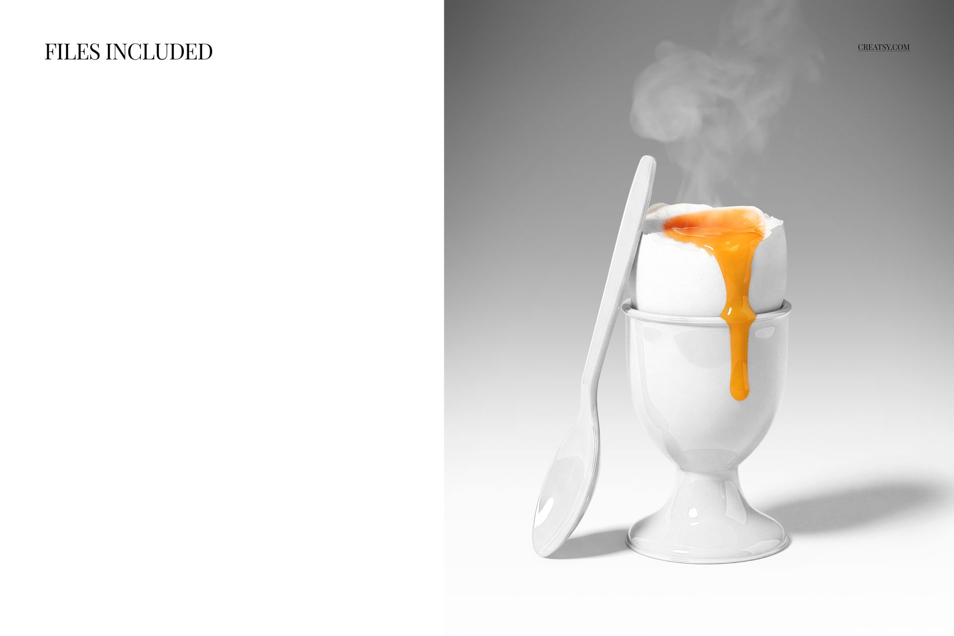 Opened Easter egg mockup with white shell, orange filling, steam effect, spoon, and holder on a gray background.