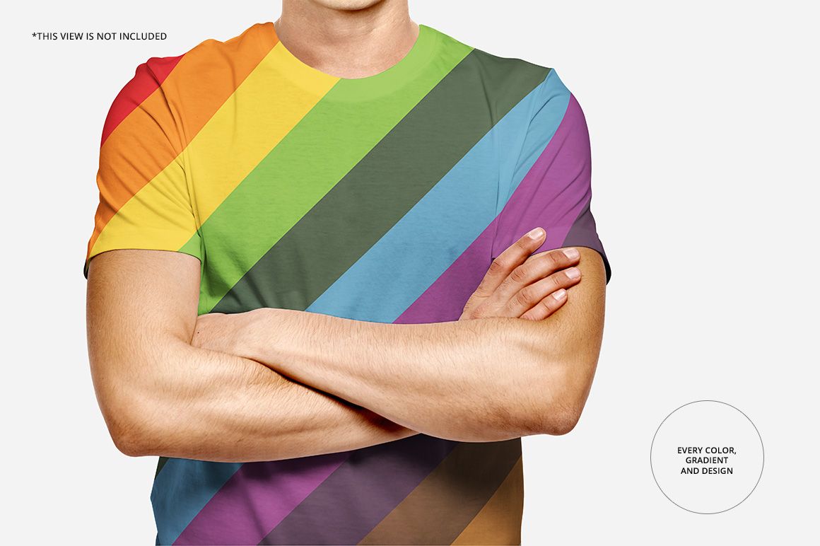 Mockup of a men's t-shirt with v-neck and o-neck options, shown with colorful diagonal stripes and crossed arms.