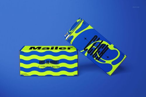 PSD mockup featuring two rectangular mailer boxes with bold blue and yellow designs, displayed on a blue surface.