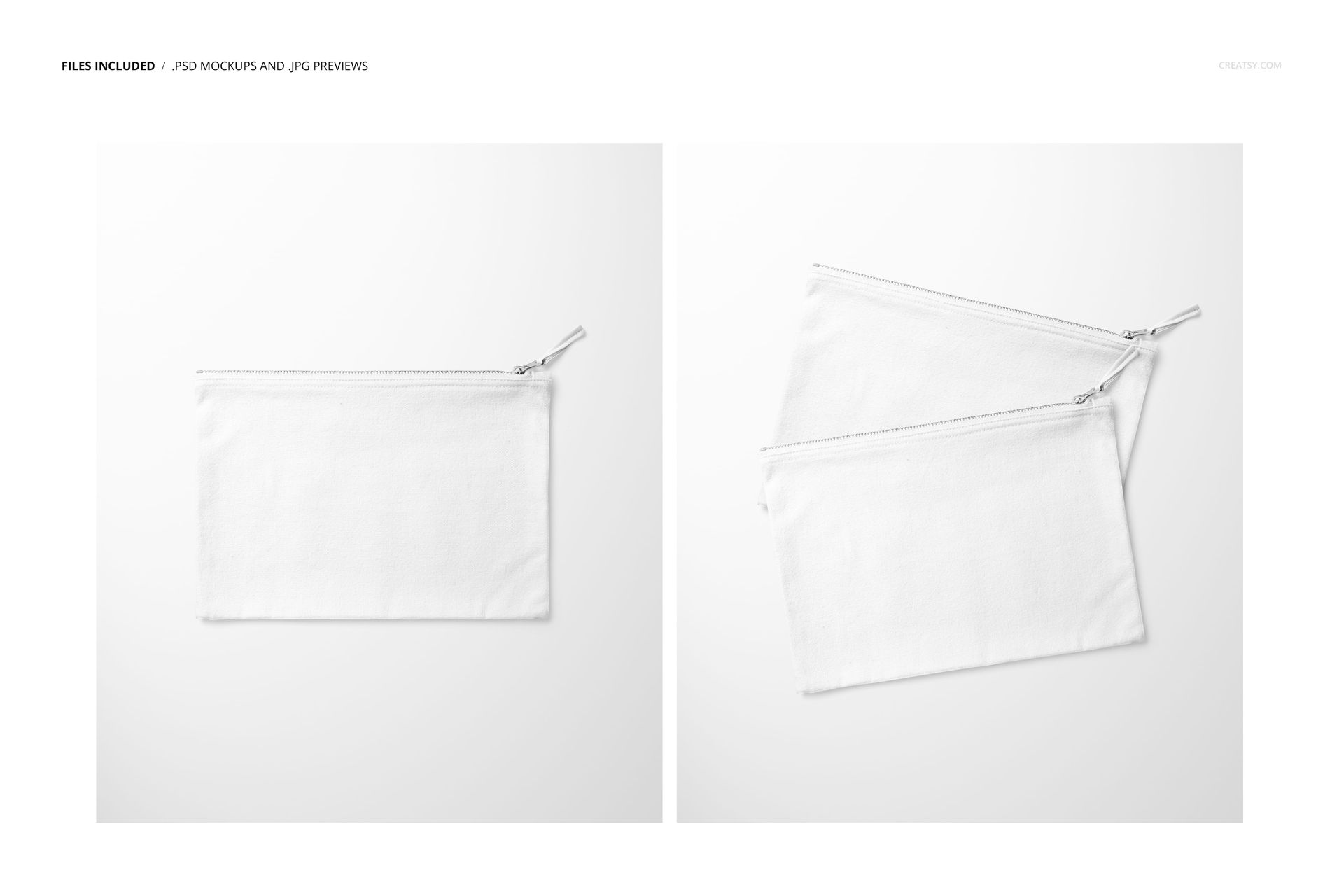 PSD mockup set featuring a rectangular canvas pouch with a visible zipper pull, photographed from a top angle.