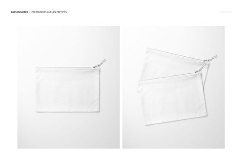 PSD mockup set featuring a rectangular canvas pouch with a visible zipper pull, photographed from a top angle.