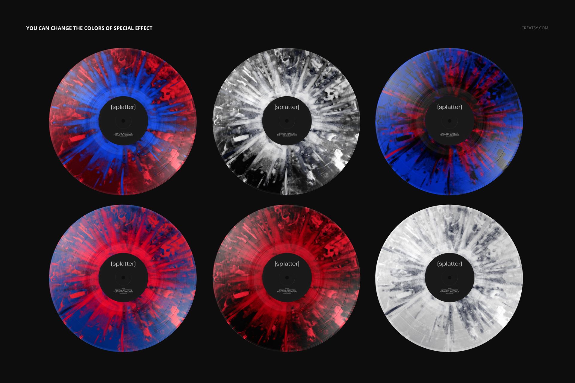 PSD mockup of vinyl records with bold splatter designs in blue, red, black, and white, arranged in two rows.