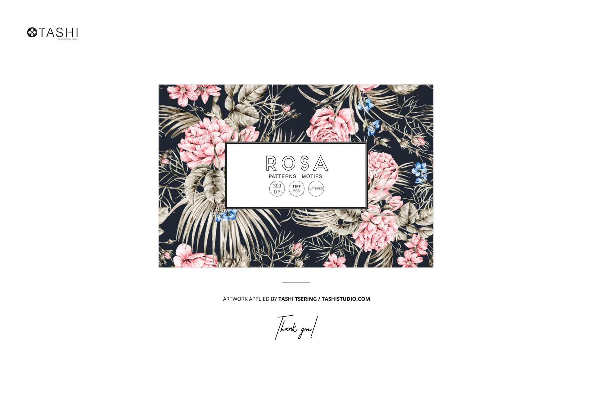 Front view of a home textiles mockup featuring a rectangular fabric with a dark background and pink floral pattern.