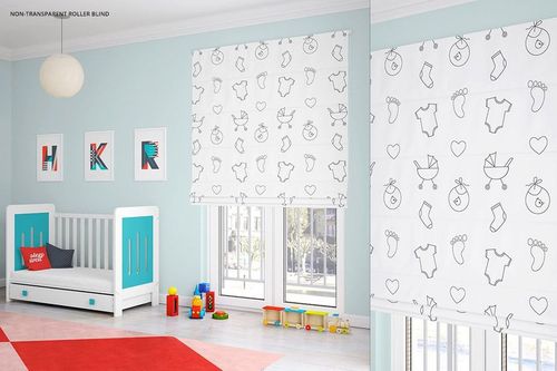 PSD mockup scene showing a nursery with patterned roman blinds, turquoise crib, toy blocks, and wall frames.