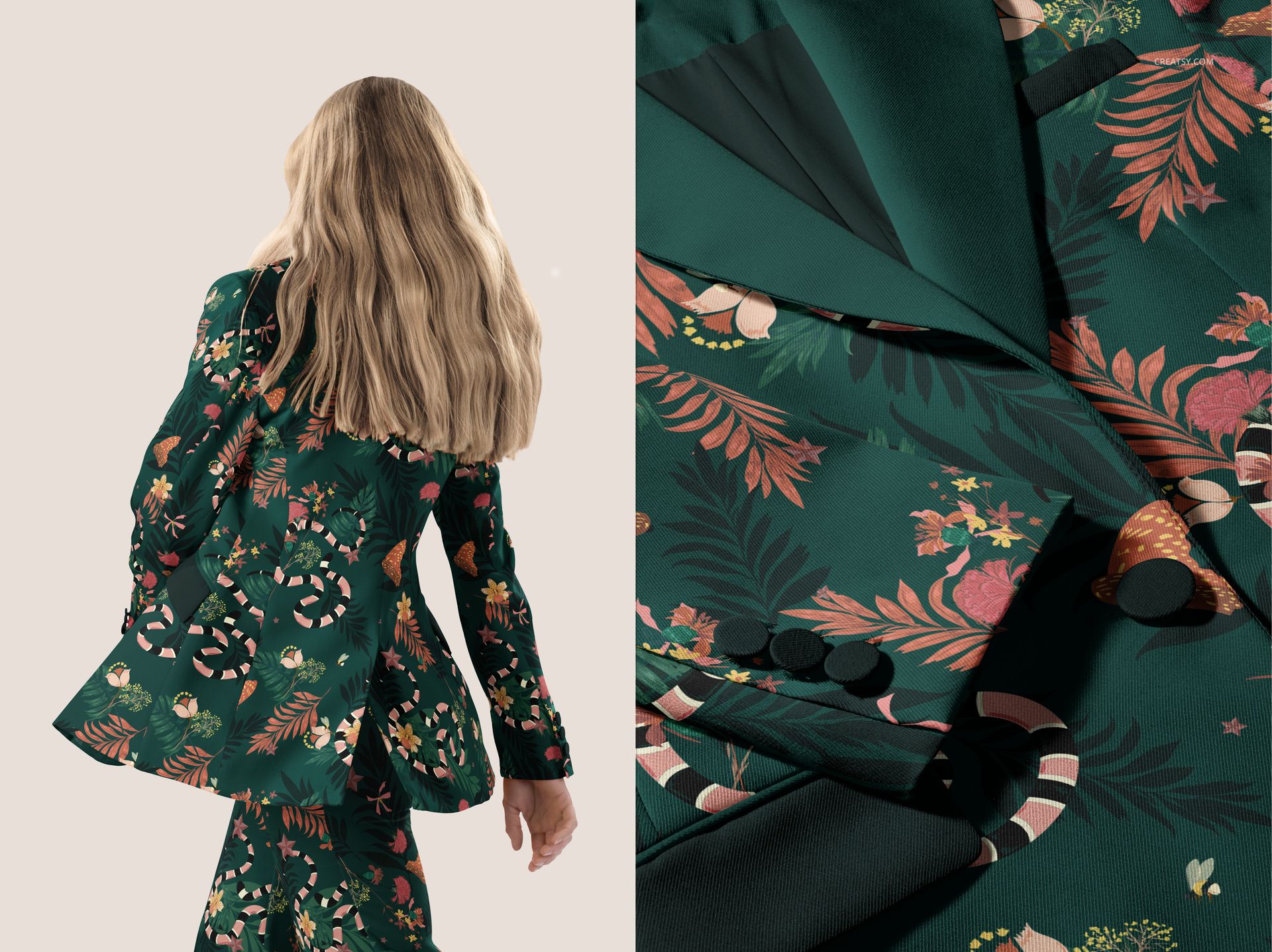 Elegant two-piece suit mockup featuring a green blazer and matching trousers with colorful botanical prints, front and detail view.