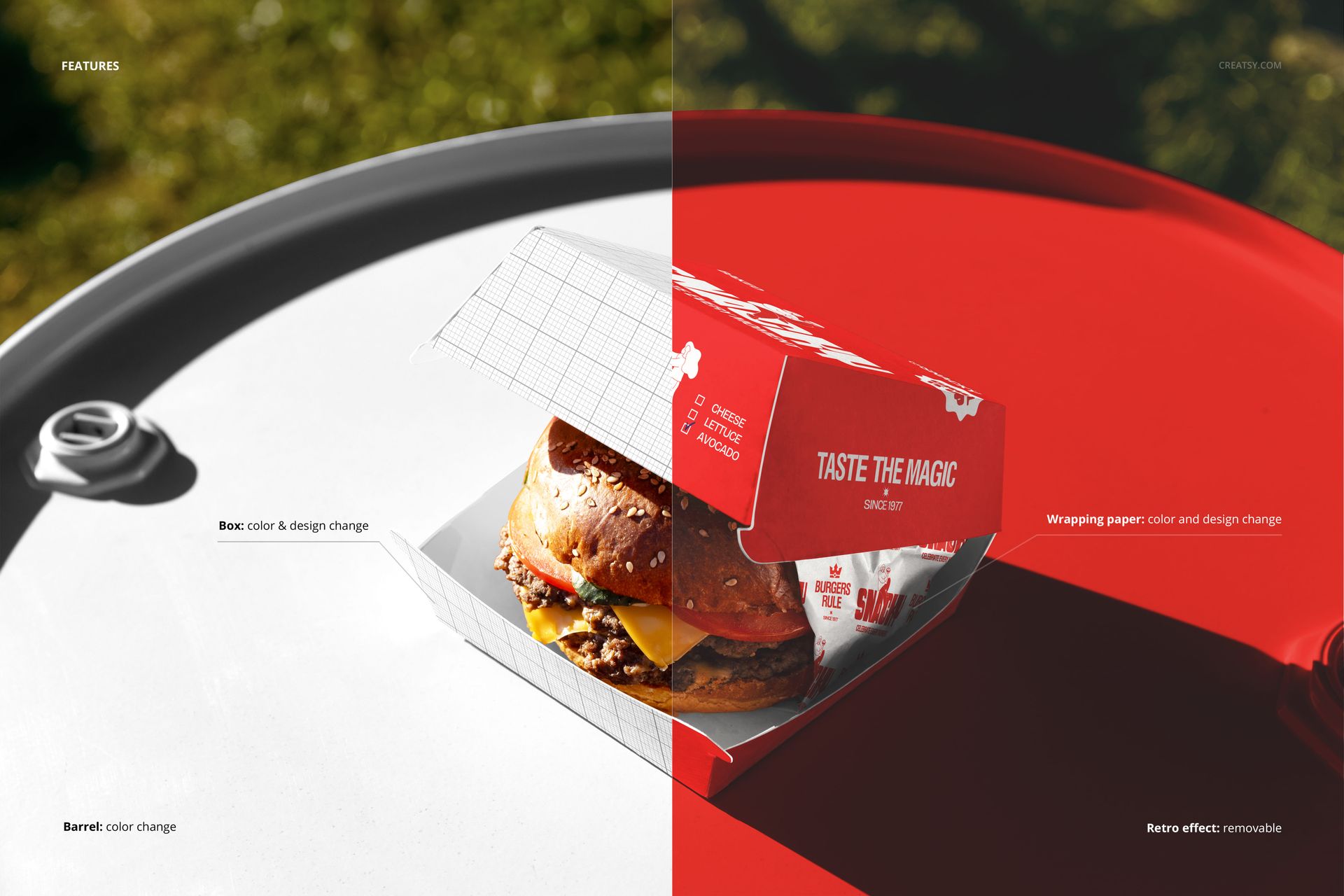 Burger box mockup displayed on a round barrel, featuring a split design with red and white color sections outdoors.