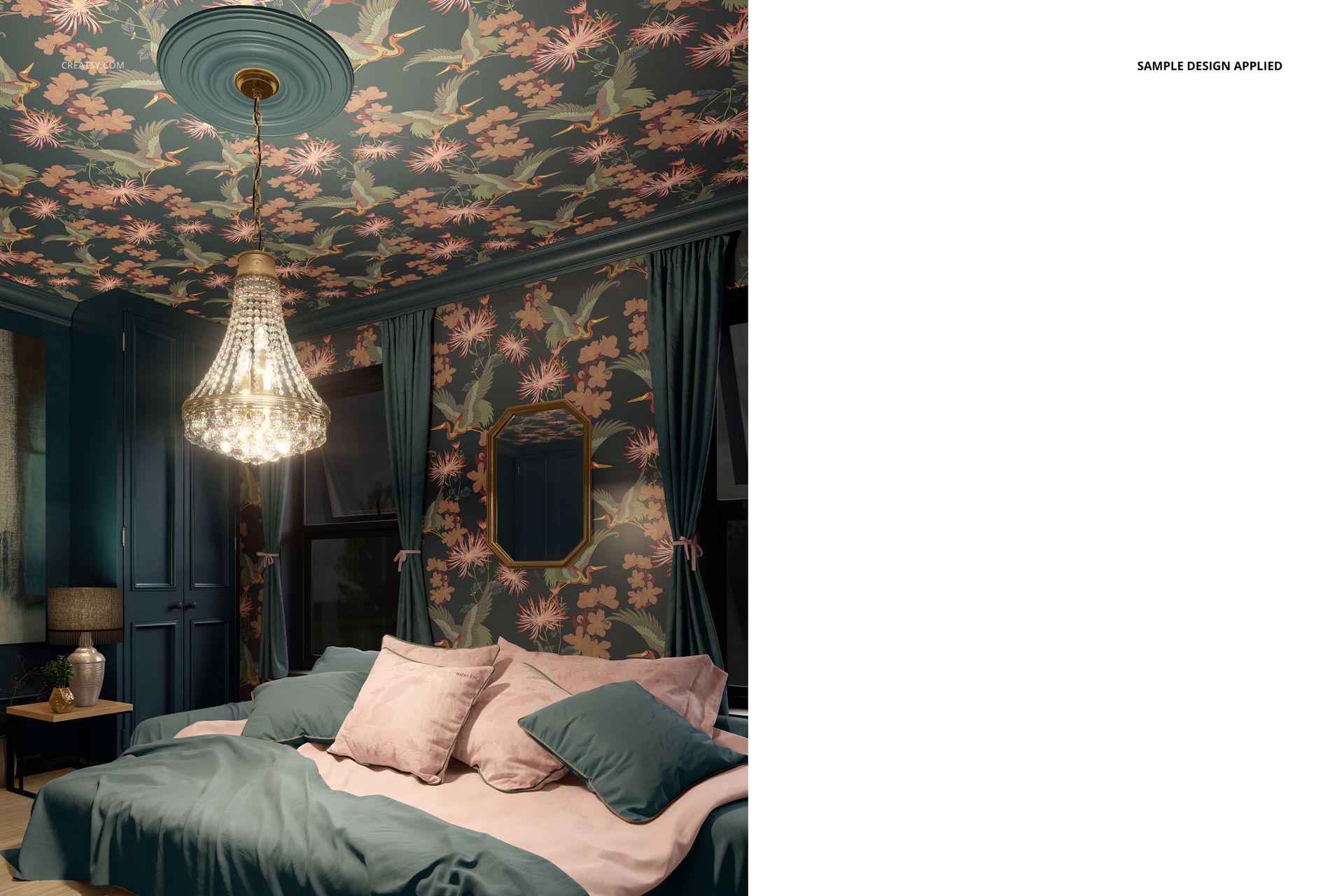 Luxury bedroom mockup with patterned wallpaper, ornate chandelier, and soft pastel bedding in a cozy setting.