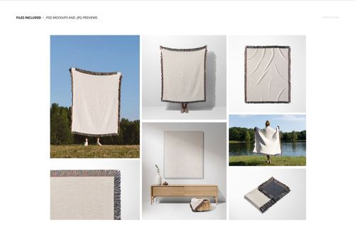 Jacquard fringed woven throw blanket mockup shown in various scenes, including outdoor and indoor settings.