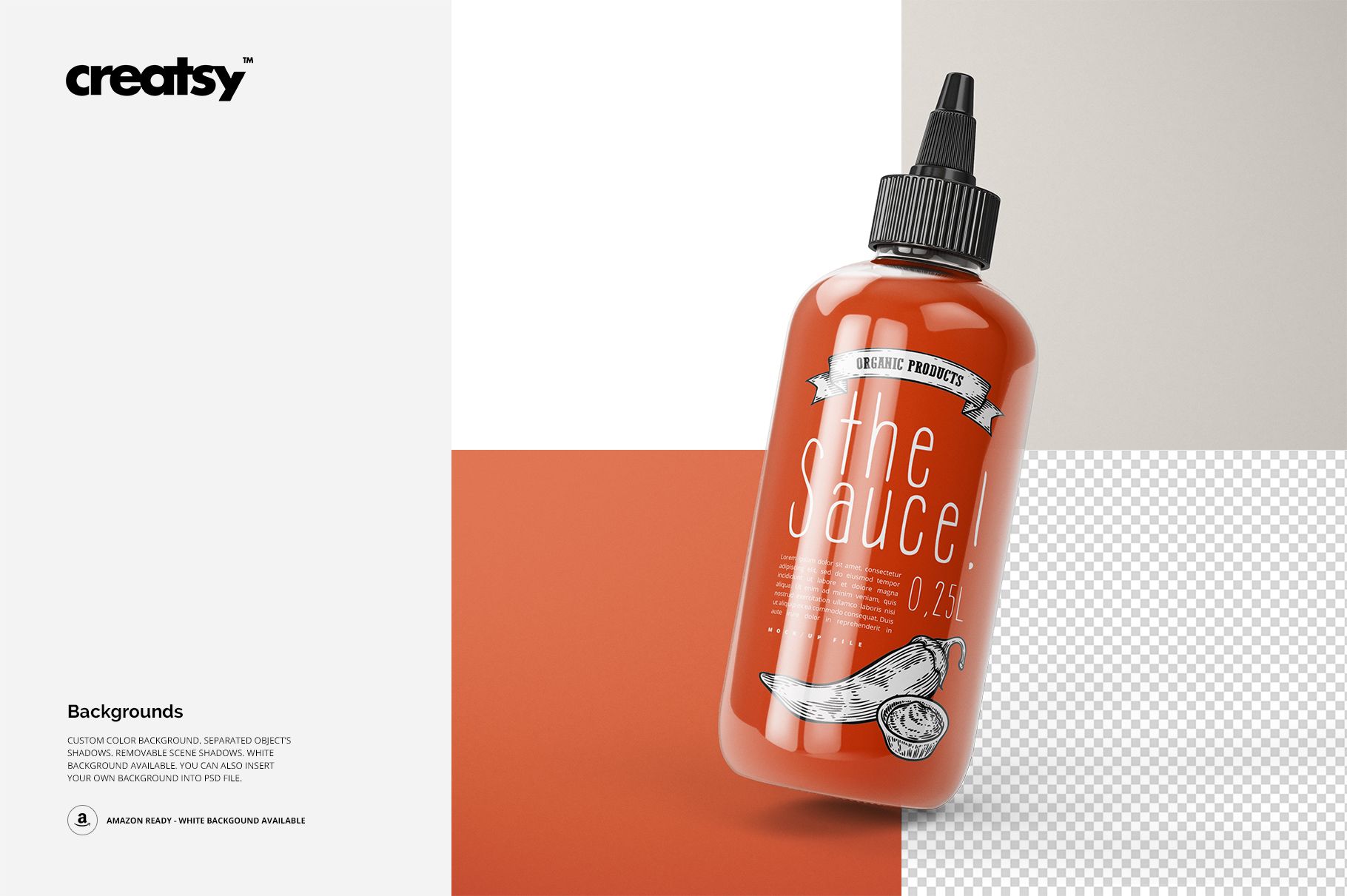 Sauce bottle mockup featuring a transparent plastic bottle with orange contents, black nozzle cap, and white label.