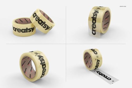 Four rolls of clear packing tape with black text, shown from different angles on a white background in a mockup set.