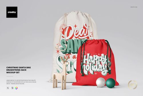 Front view of a Christmas sack mockup set featuring a large white bag and a smaller red bag with festive lettering designs.