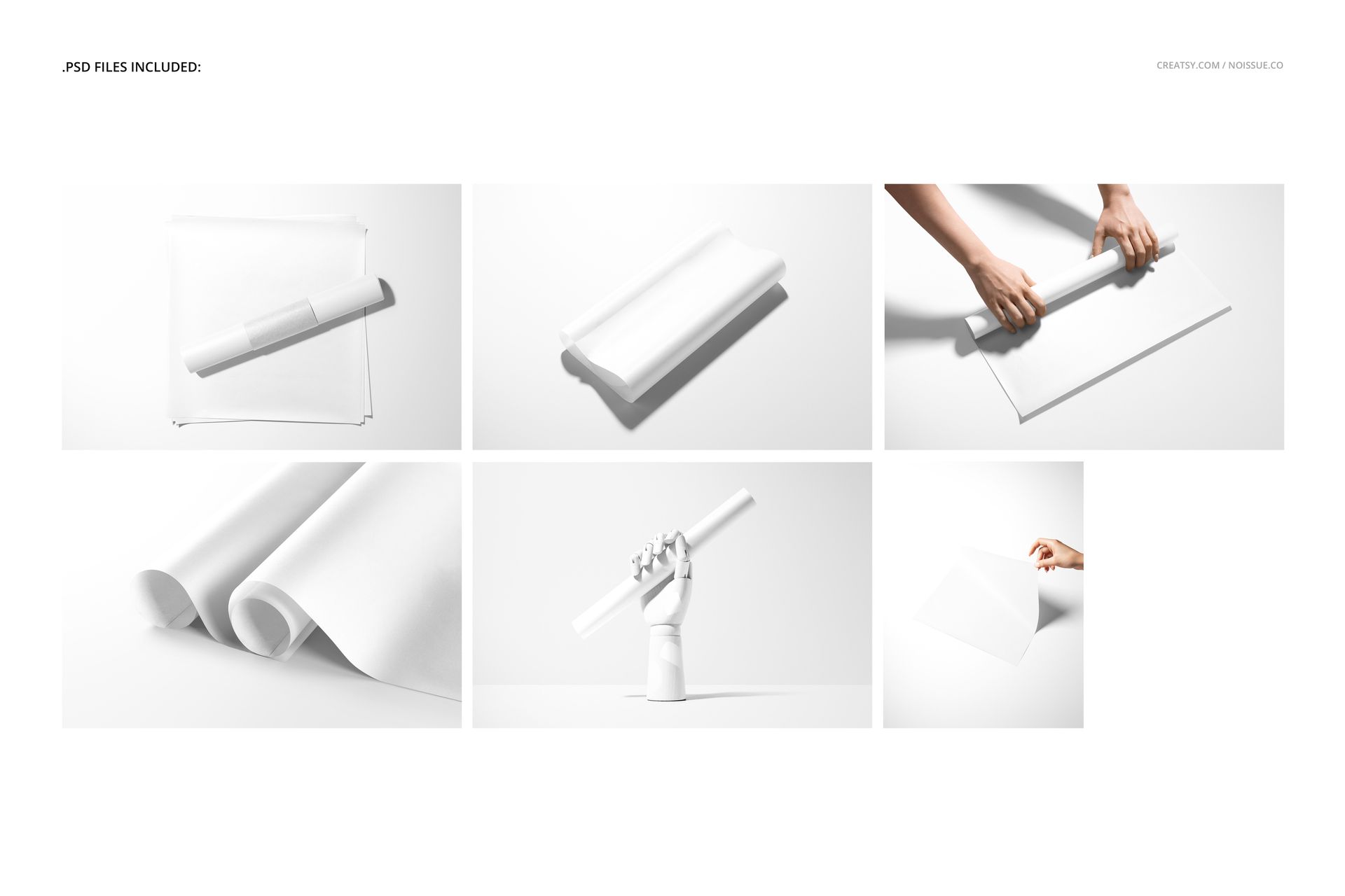 Set of six food safe paper mockup scenes showing white sheets and rolls on a plain background from various angles.