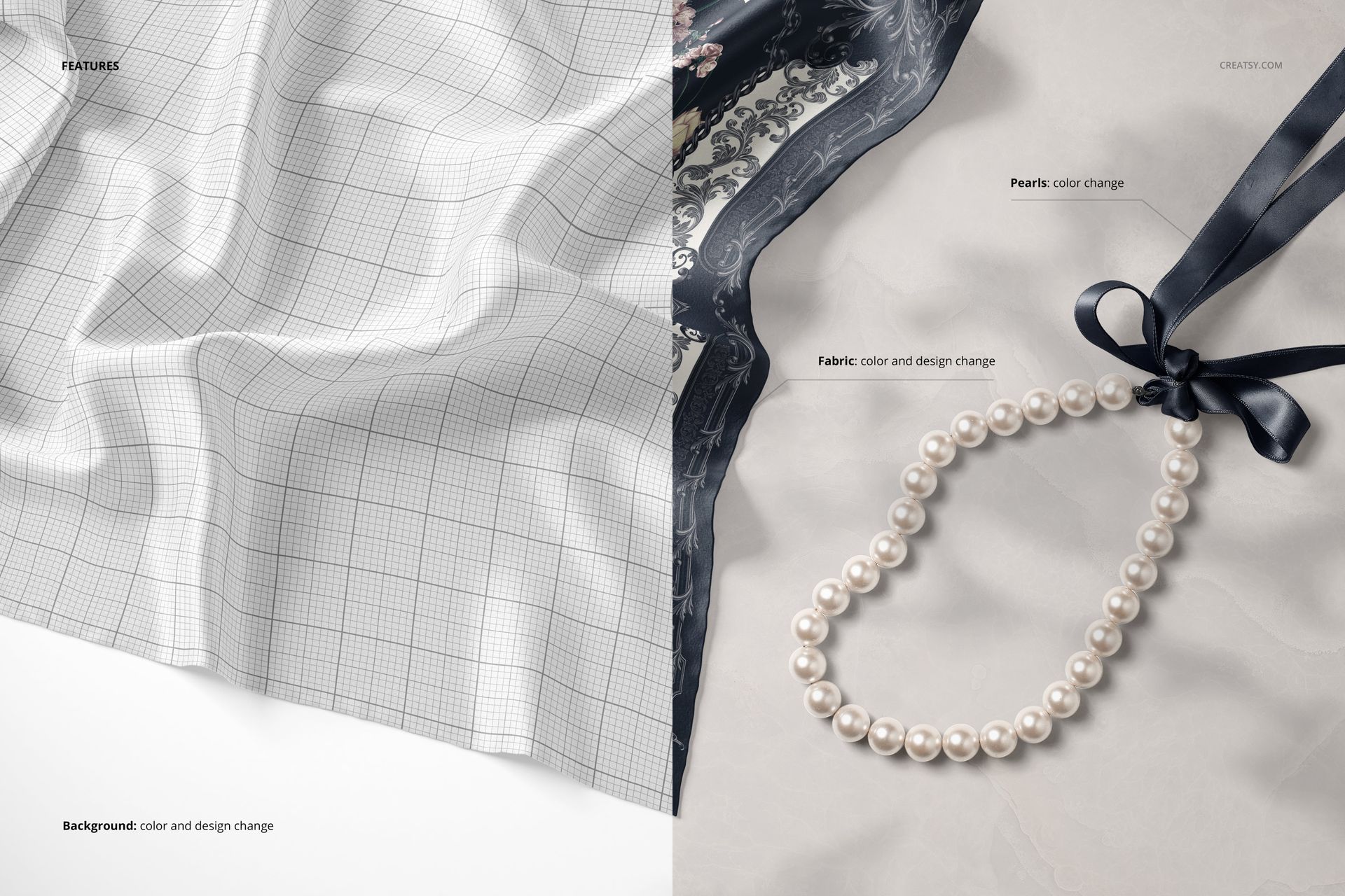 Close-up of a silk scarf mockup showing two fabric sections, one with a grid pattern and one with a pearl necklace and ribbon.
