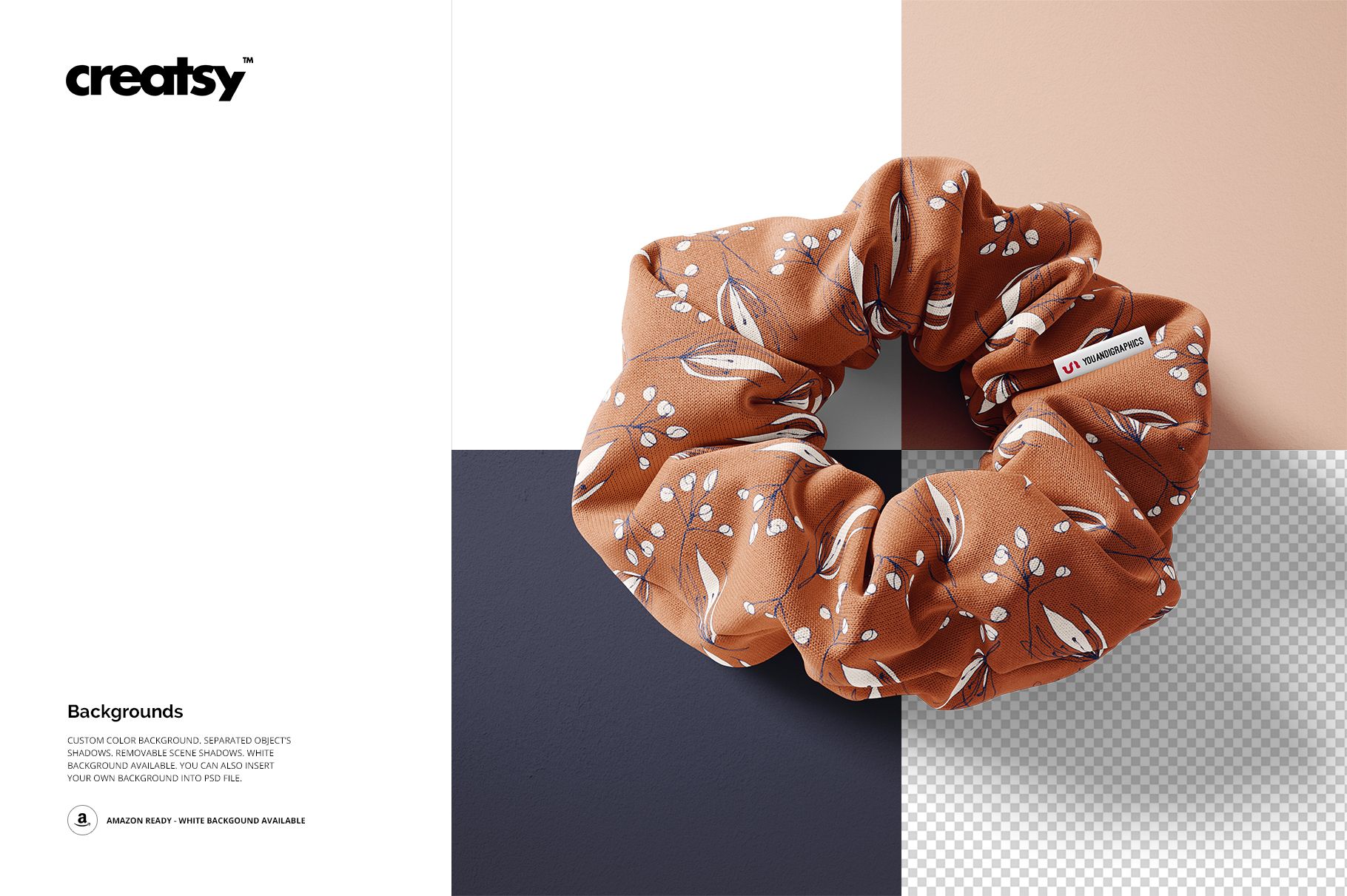 Brown patterned hair scrunchie mockup displayed on a geometric background with beige, black, and transparent sections.