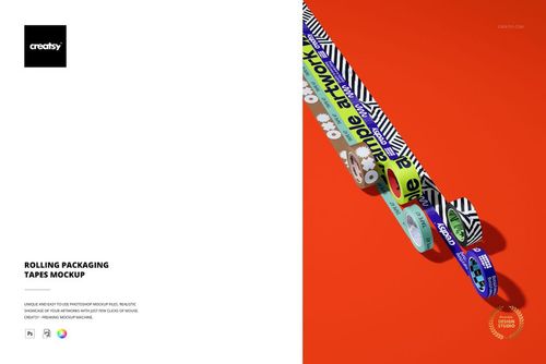 Colorful packaging tapes with different graphic designs arranged side by side on an orange surface, PSD mockup.