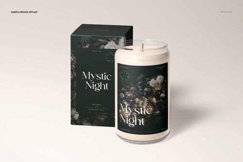 Front view of a can glass candle mockup with botanical design, placed beside a coordinating rectangular box.