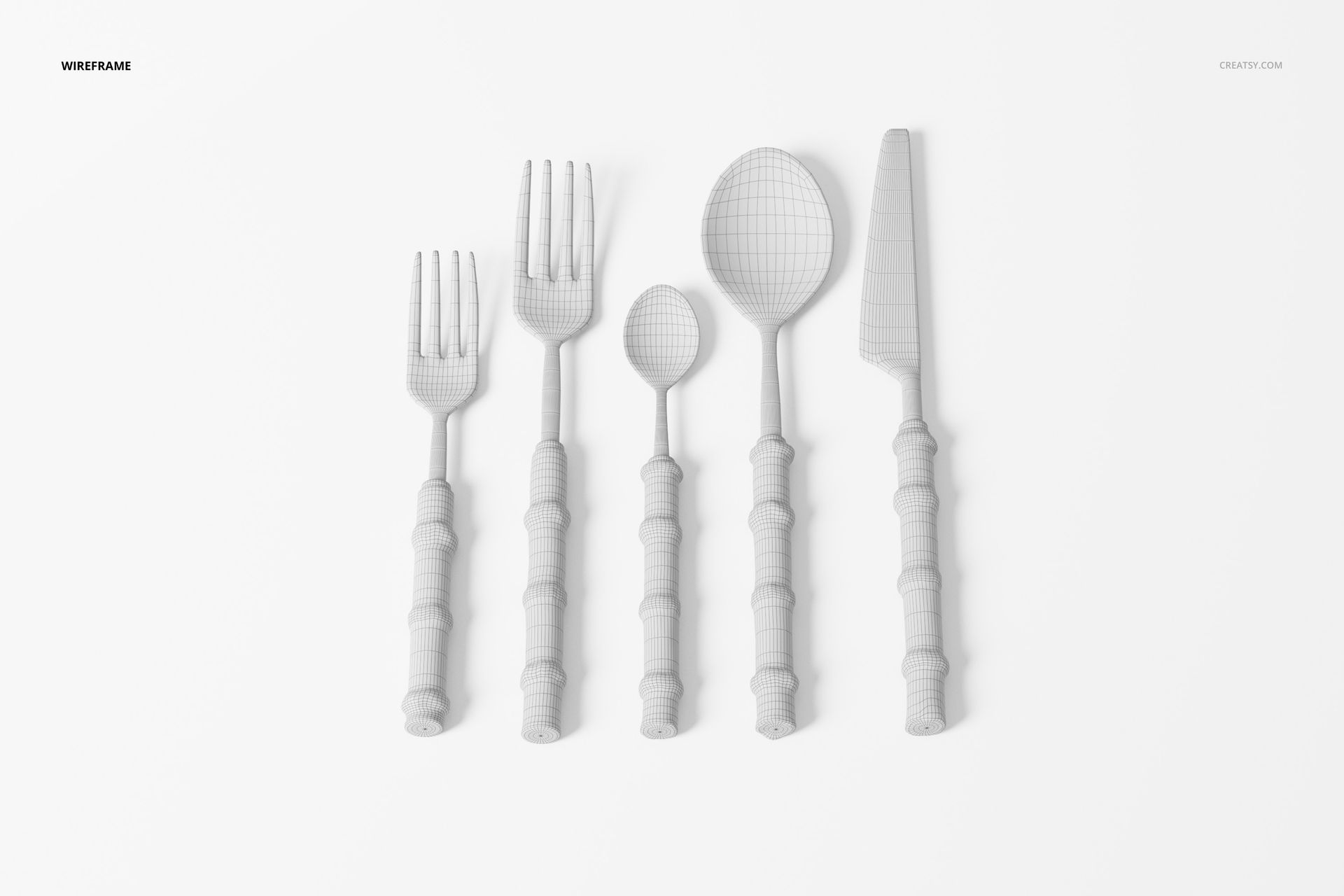 Top view of five bamboo-style cutlery pieces in a wireframe 3D model, arranged on a white background.
