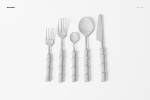 Top view of five bamboo-style cutlery pieces in a wireframe 3D model, arranged on a white background.