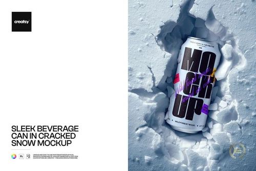 Beverage can mockup lying in cracked snow, featuring bold graphic text and a cool-toned color palette, top view.