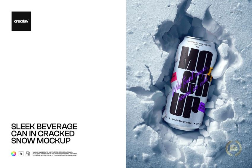 Beverage can mockup lying in cracked snow, featuring bold graphic text and a cool-toned color palette, top view.