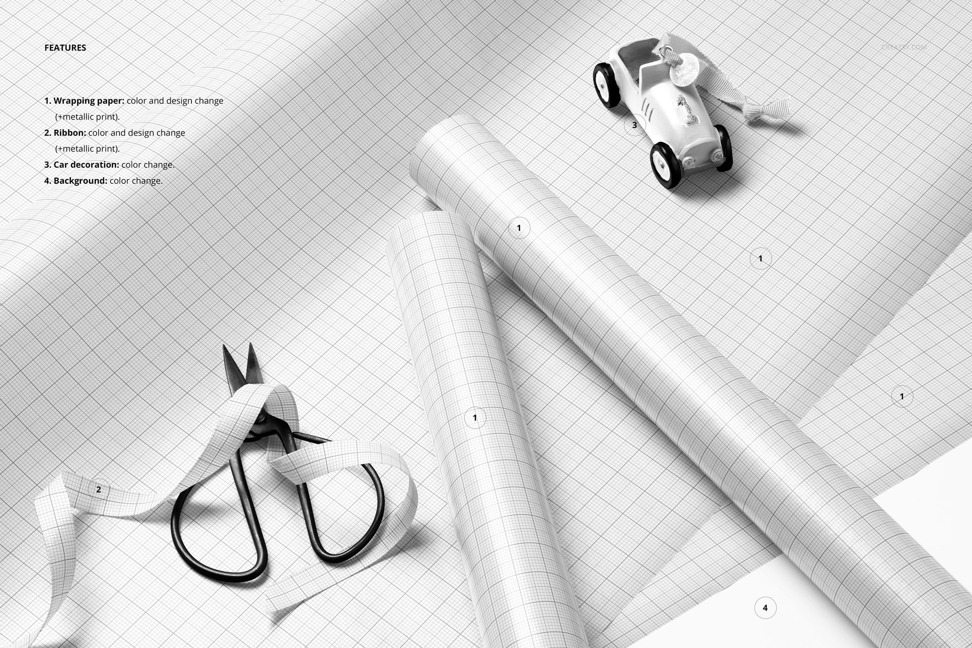Close-up of gift wrapping paper mockup with grid pattern, scissors, ribbon, and toy car on a light surface.
