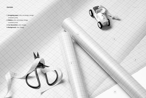 Close-up of gift wrapping paper mockup with grid pattern, scissors, ribbon, and toy car on a light surface.