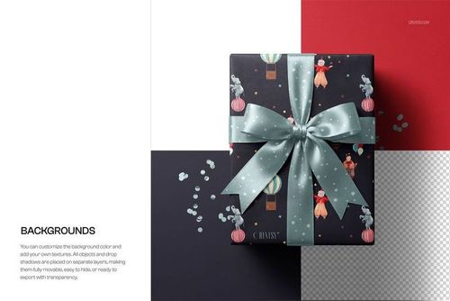 Rectangular gift packaging mockup with whimsical wrapping paper and satin bow, set against a multi-colored background.