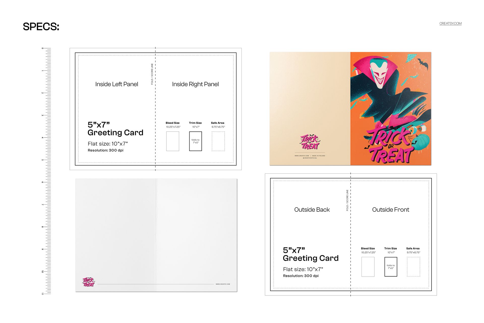 Greeting card mockup with vintage Halloween vampire skating illustration, colorful front, and blank inside panels.