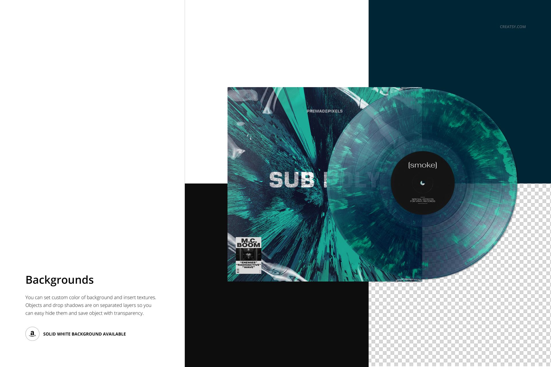 Vinyl record and cover mockup featuring abstract teal smoke patterns, displayed on a white and transparent backdrop.