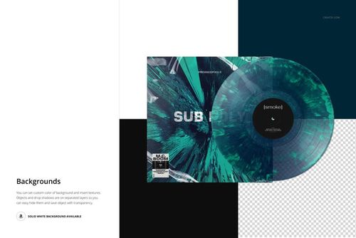 Vinyl record and cover mockup featuring abstract teal smoke patterns, displayed on a white and transparent backdrop.