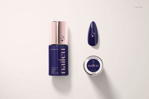 Front view of a hybrid nail polish mockup set with a dark blue bottle, matching swatch, and small round jar on a light background.