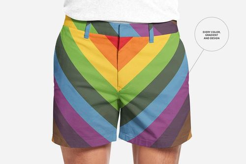 Men's shorts mockup with bold diagonal stripes in yellow, orange, green, blue, purple, and brown on a light background.