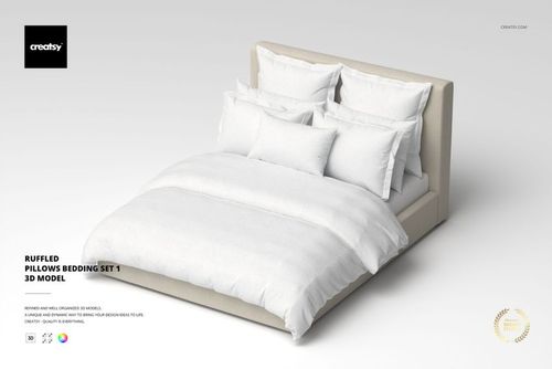 Front view of a bedding set with multiple ruffled pillows and a white comforter on a light upholstered bed frame.