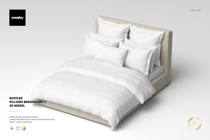 Front view of a bedding set with multiple ruffled pillows and a white comforter on a light upholstered bed frame.