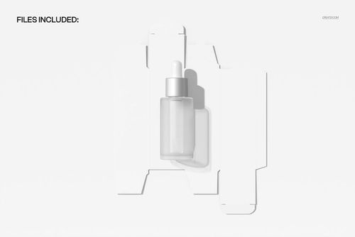 Minimalist PSD mockup featuring a transparent dropper bottle on unfolded white packaging against a light background.