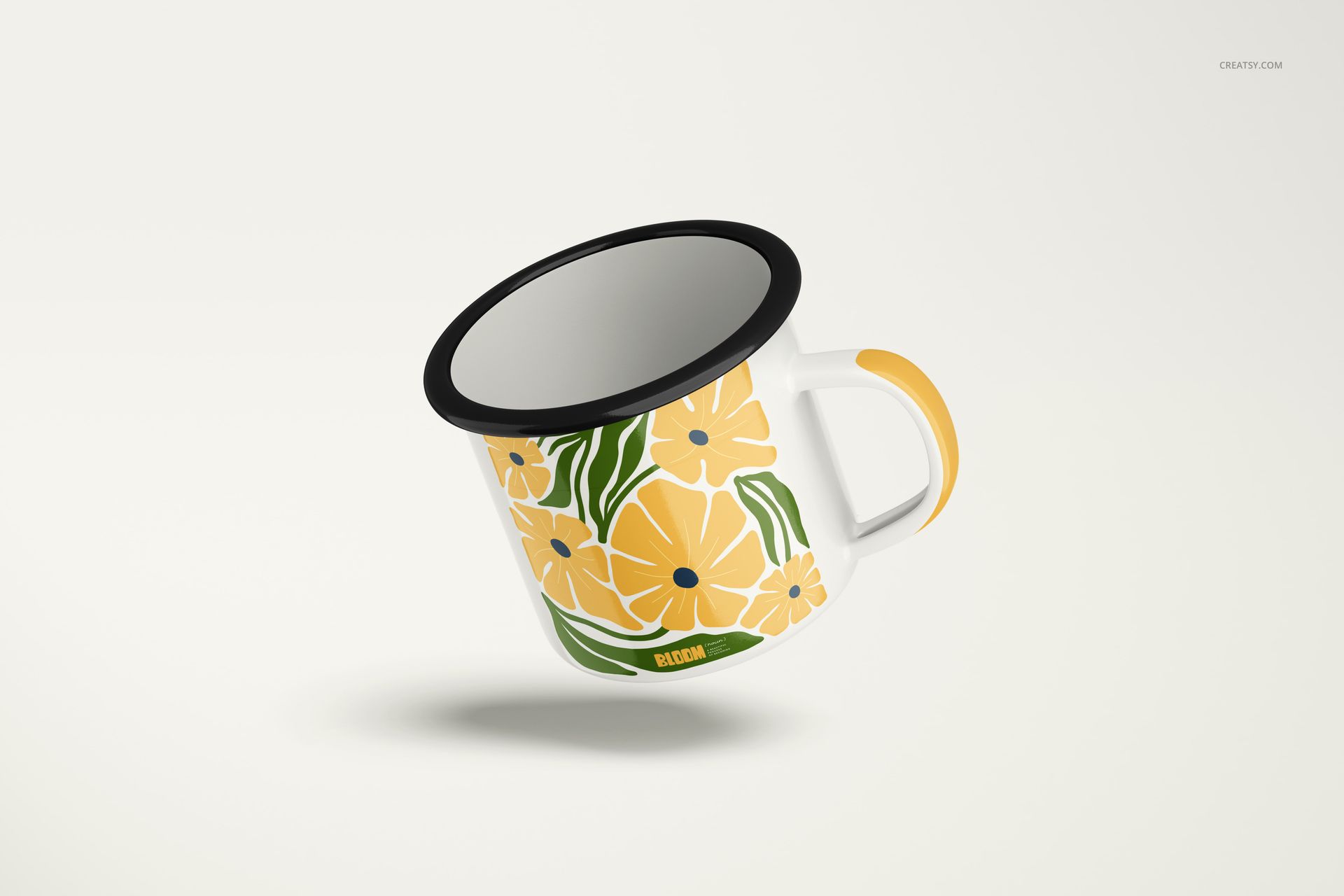 PSD mockup of a 360ml enamel mug featuring a yellow and green floral design, displayed at an angled view.